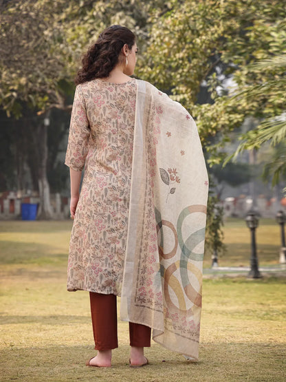 Beige Floral linen A Line Have A Lining Kurta Trouser Dupatta Set
