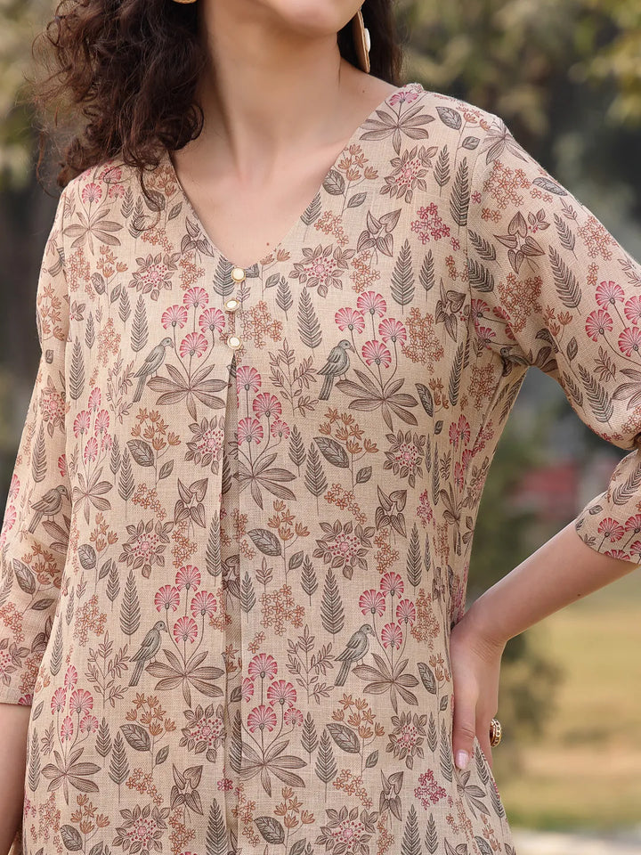 Beige Floral linen A Line Have A Lining Kurta Trouser Dupatta Set