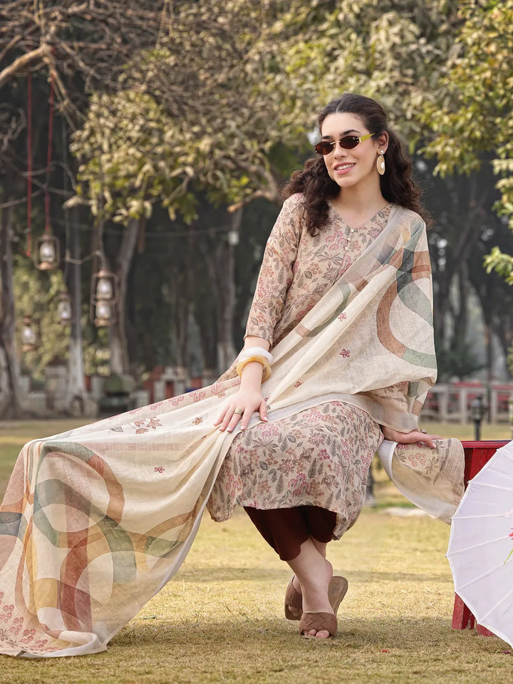 Beige Floral linen A Line Have A Lining Kurta Trouser Dupatta Set