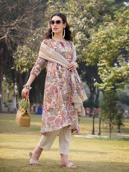 Beige linen A-Line Sequins Work Have A Lining Kurta Trouser Dupatta Set