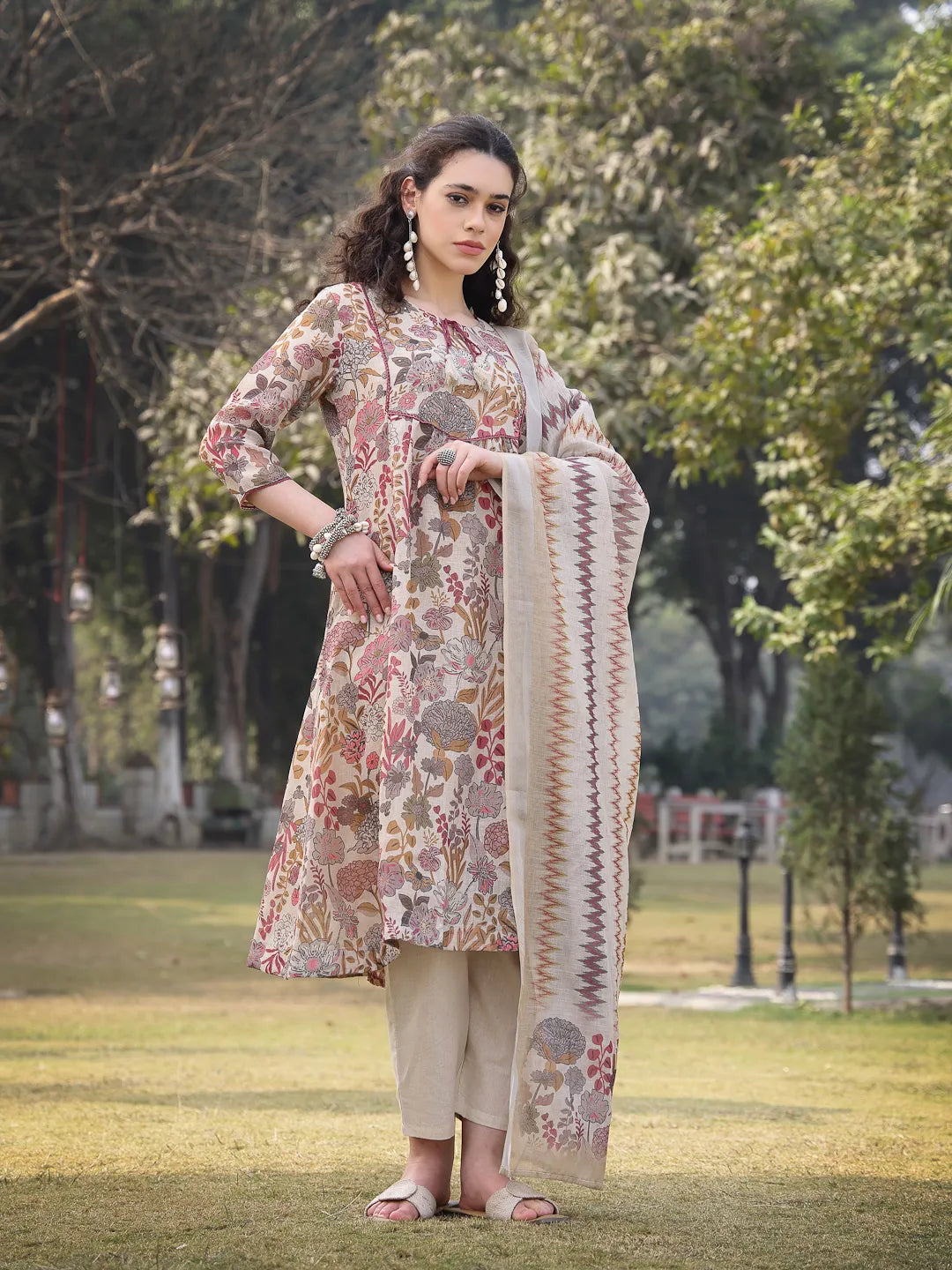 Beige linen A-Line Sequins Work Have A Lining Kurta Trouser Dupatta Set