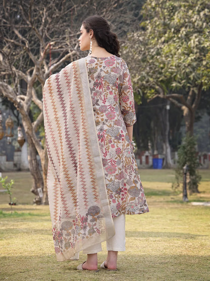 Beige linen A-Line Sequins Work Have A Lining Kurta Trouser Dupatta Set