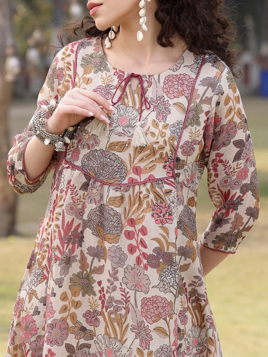 Beige linen A-Line Sequins Work Have A Lining Kurta Trouser Dupatta Set