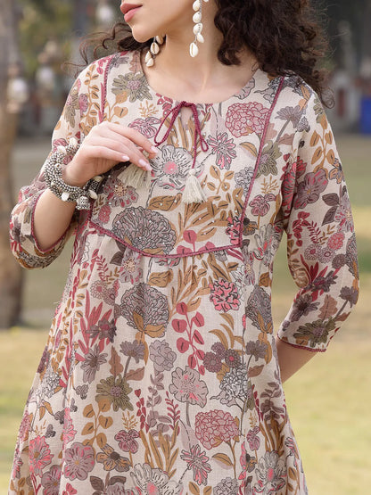 Beige linen A-Line Sequins Work Have A Lining Kurta Trouser Dupatta Set