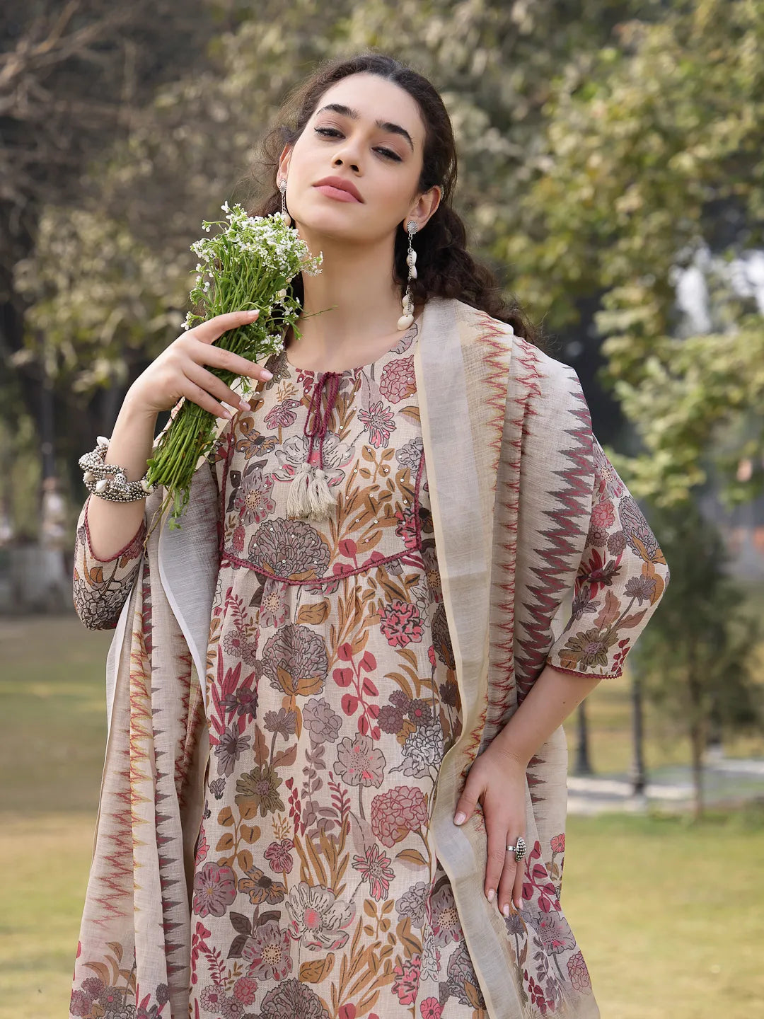 Beige linen A-Line Sequins Work Have A Lining Kurta Trouser Dupatta Set