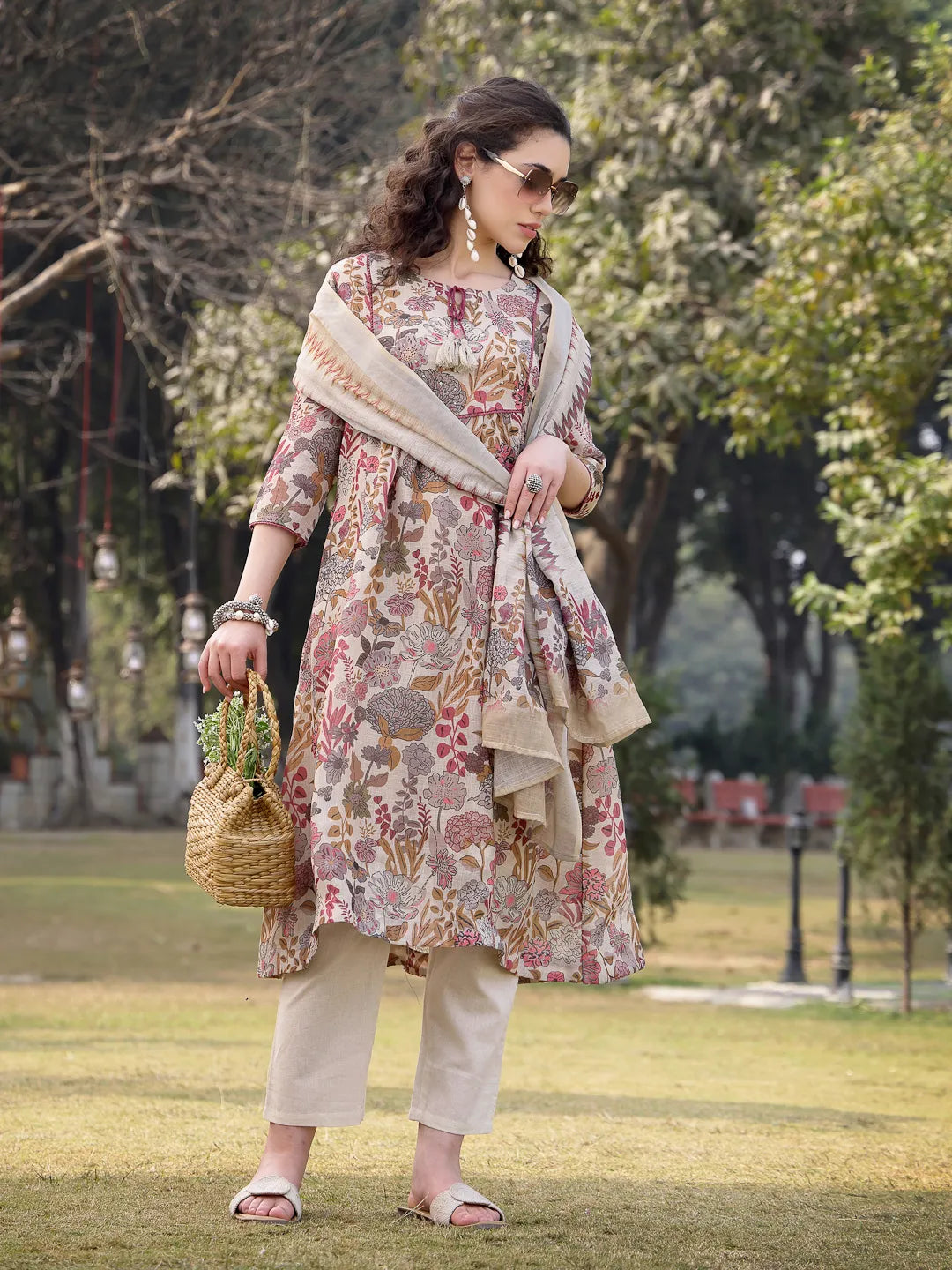 Beige linen A-Line Sequins Work Have A Lining Kurta Trouser Dupatta Set