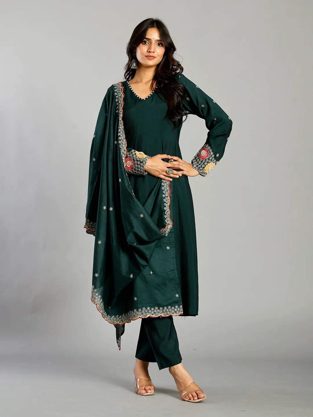 Green Roman Silk Zari Work A-Line Kurta Trouser Dupatta Set