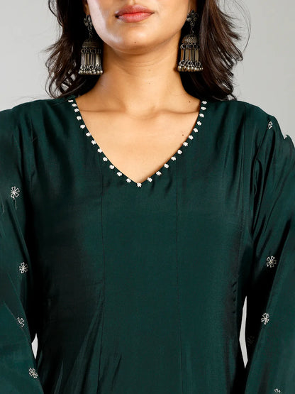 Green Roman Silk Zari Work A-Line Kurta Trouser Dupatta Set