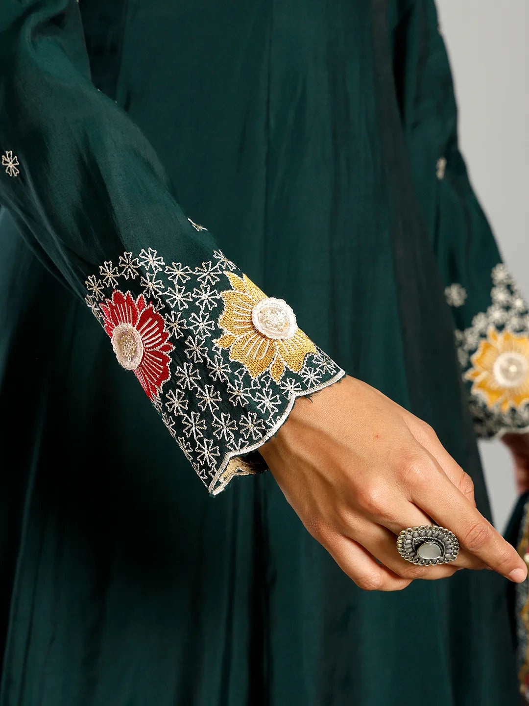 Green Roman Silk Zari Work A-Line Kurta Trouser Dupatta Set