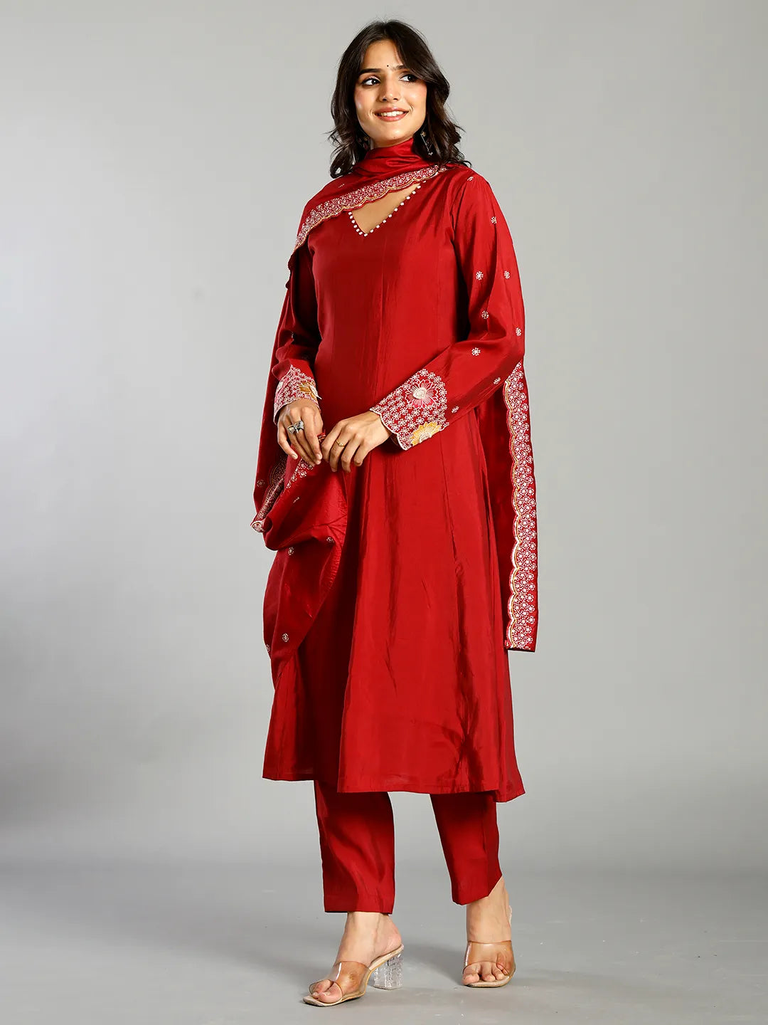Women's Red Silk Blend Red Roman Silk Zari Work A-Line Kurta Trouser Dupatta Set by Yufta, suitable for wholesale buyers, boutiques, retailers, resellers and bulk fashion orders from Trendphoria