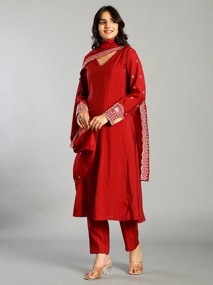 Women's Red Silk Blend Red Roman Silk Zari Work A-Line Kurta Trouser Dupatta Set by Yufta, suitable for wholesale buyers, boutiques, retailers, resellers and bulk fashion orders from Trendphoria