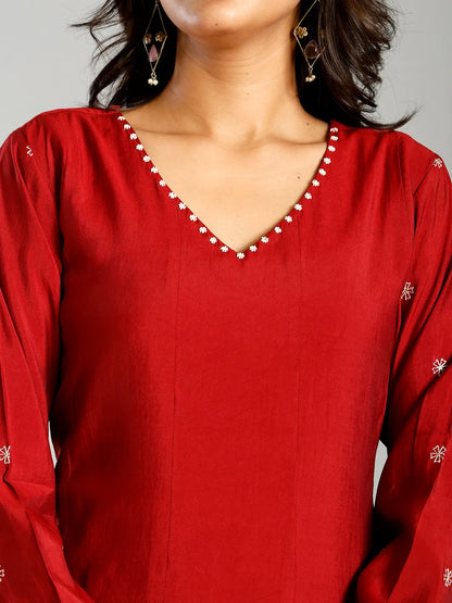 Red Roman Silk Zari Work A-Line Kurta Trouser Dupatta Set