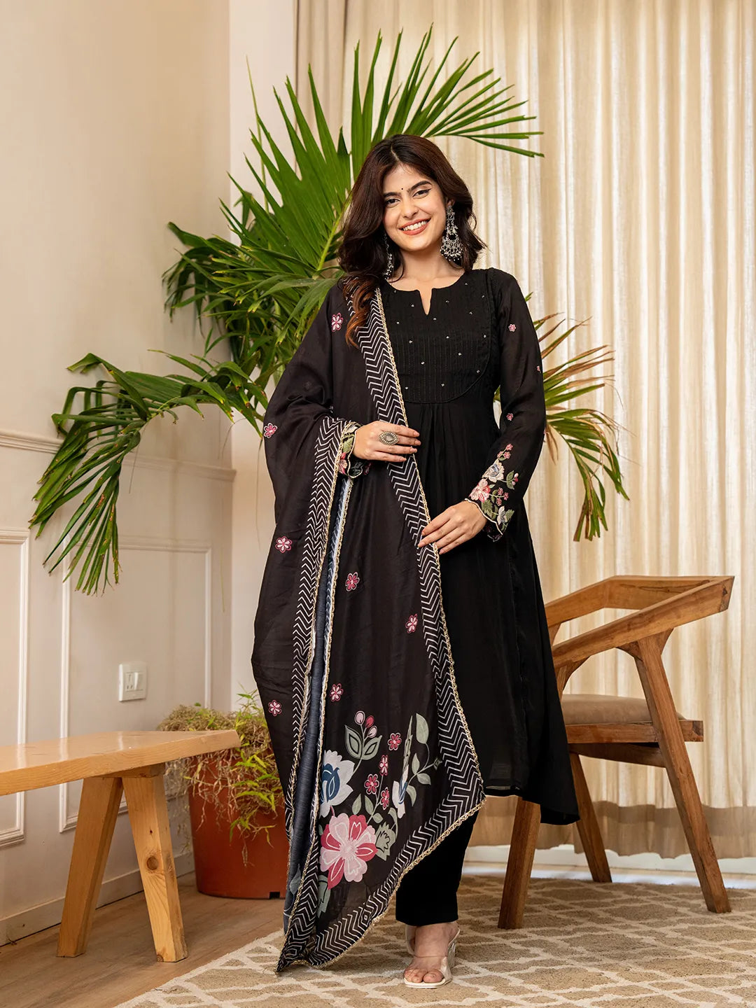 Women's Black Silk Blend Black Resham Embroidery A-Line Chanderi Silk Kurta Trouser Dupatta Set by Yufta, suitable for wholesale buyers, boutiques, retailers, resellers and bulk fashion orders from Trendphoria