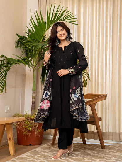 Black Resham Embroidery A-Line Chanderi Silk Kurta Trouser Dupatta Set