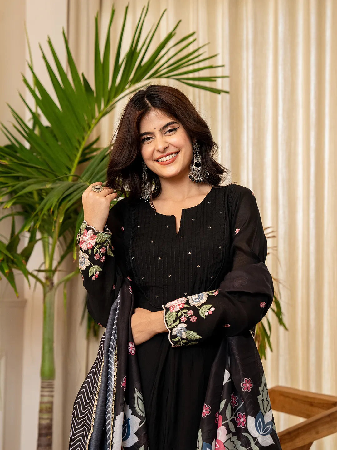 Black Resham Embroidery A-Line Chanderi Silk Kurta Trouser Dupatta Set