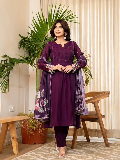 Purple Resham Embroidery A-Line Chanderi Silk Kurta Trouser Dupatta Set