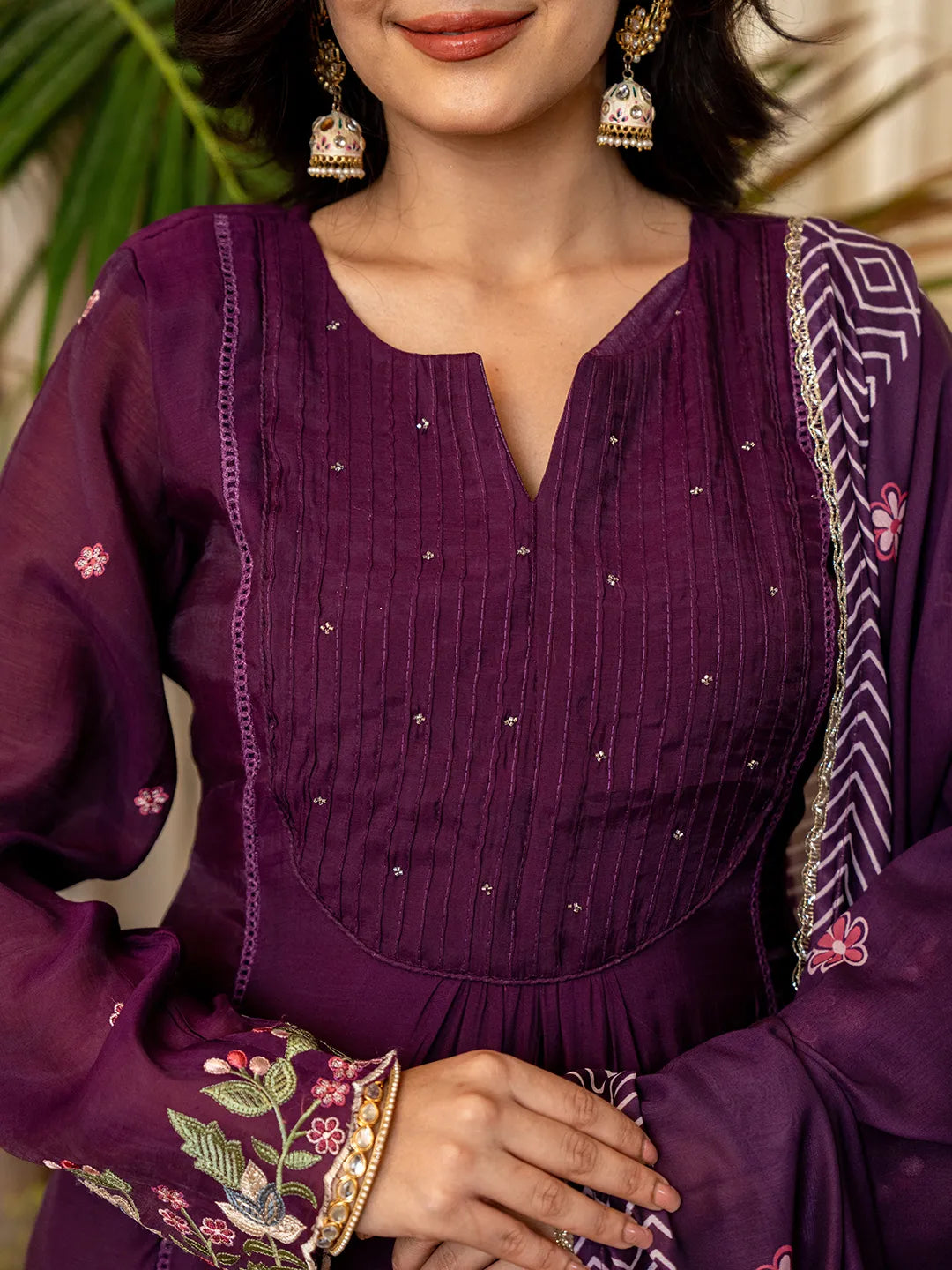 Purple Resham Embroidery A-Line Chanderi Silk Kurta Trouser Dupatta Set