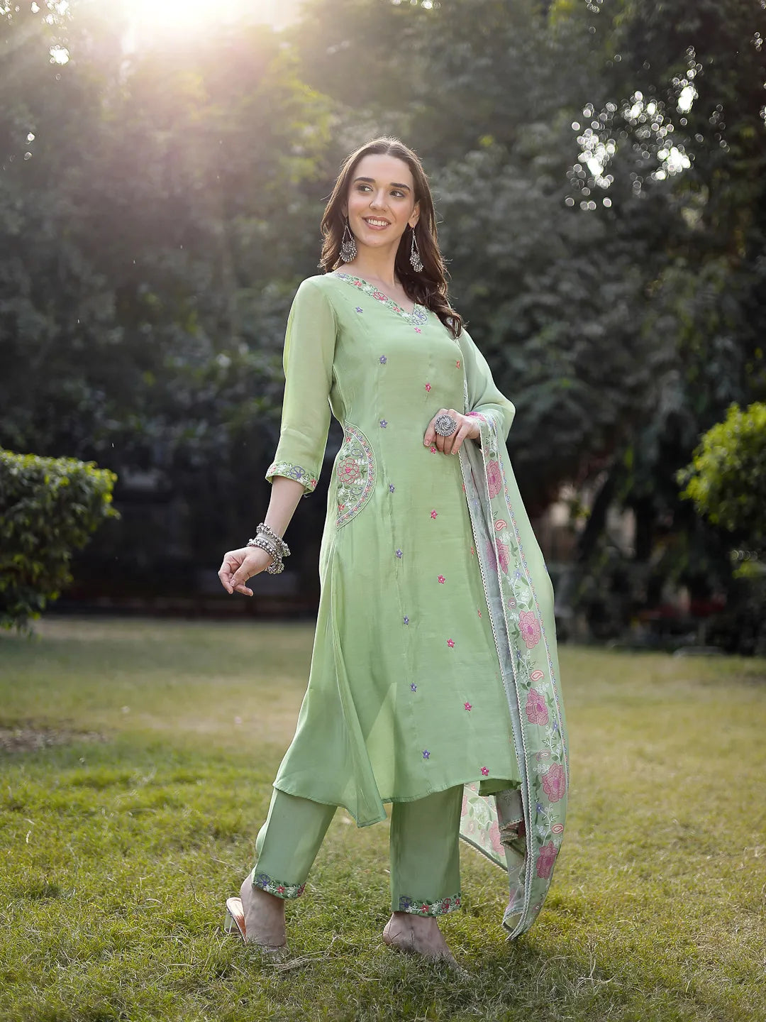 Pista Green Resham Embroidery A-Line Chanderi Silk Kurta Trouser Dupatta Set