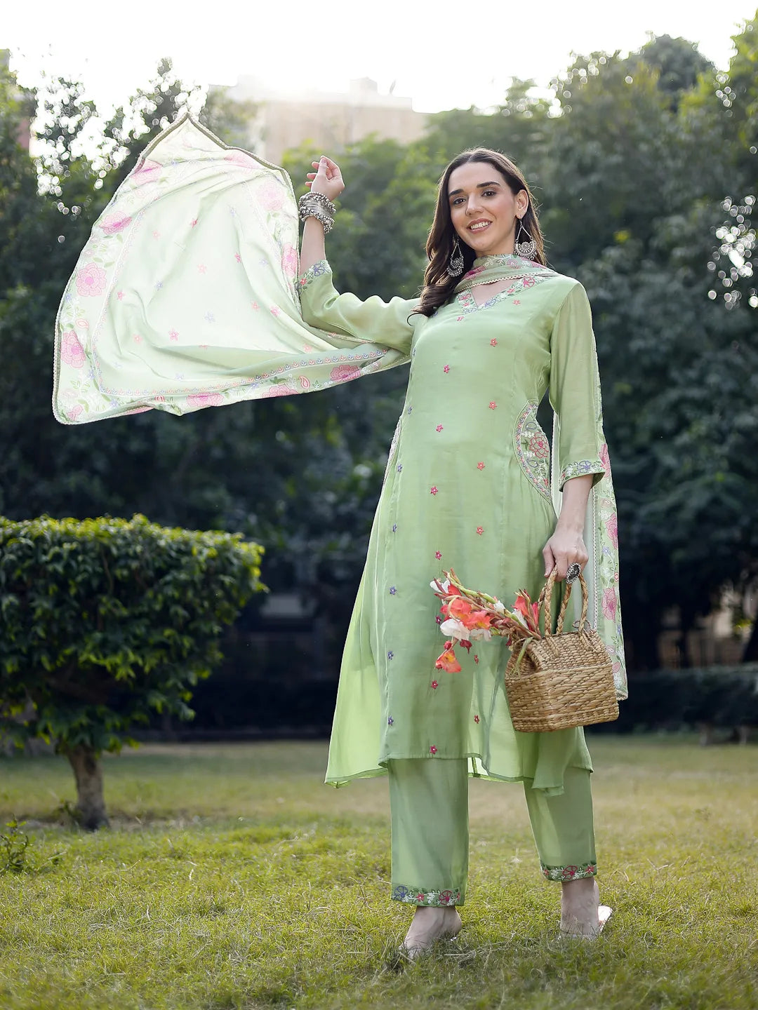 Pista Green Resham Embroidery A-Line Chanderi Silk Kurta Trouser Dupatta Set