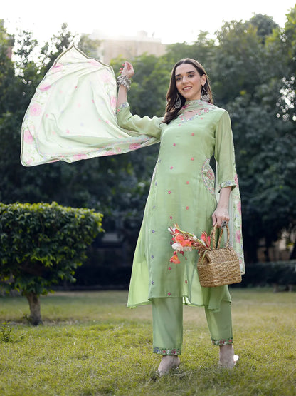 Pista Green Resham Embroidery A-Line Chanderi Silk Kurta Trouser Dupatta Set