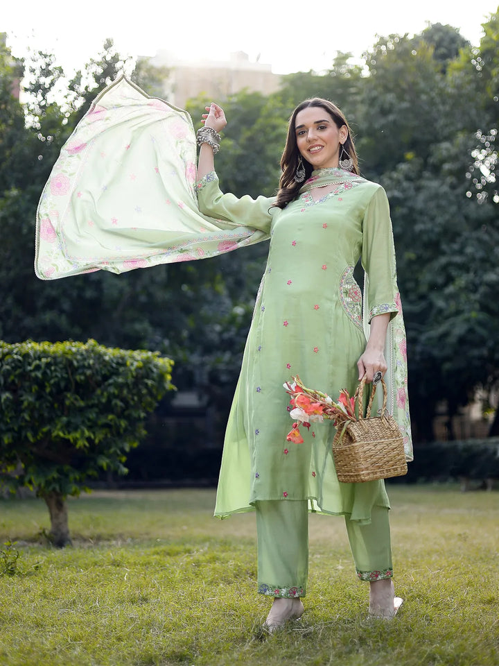 Pista Green Resham Embroidery A-Line Chanderi Silk Kurta Trouser Dupatta Set