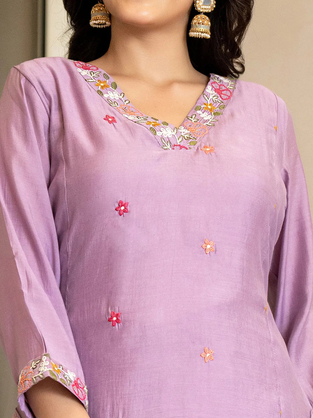 Lavender Resham Embroidery A-Line Chanderi Silk Kurta Trouser Dupatta Set