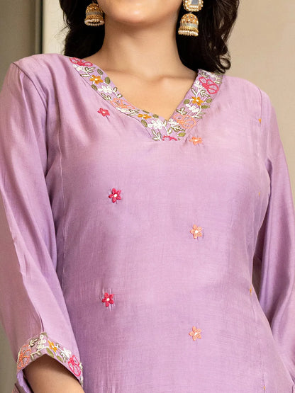 Lavender Resham Embroidery A-Line Chanderi Silk Kurta Trouser Dupatta Set