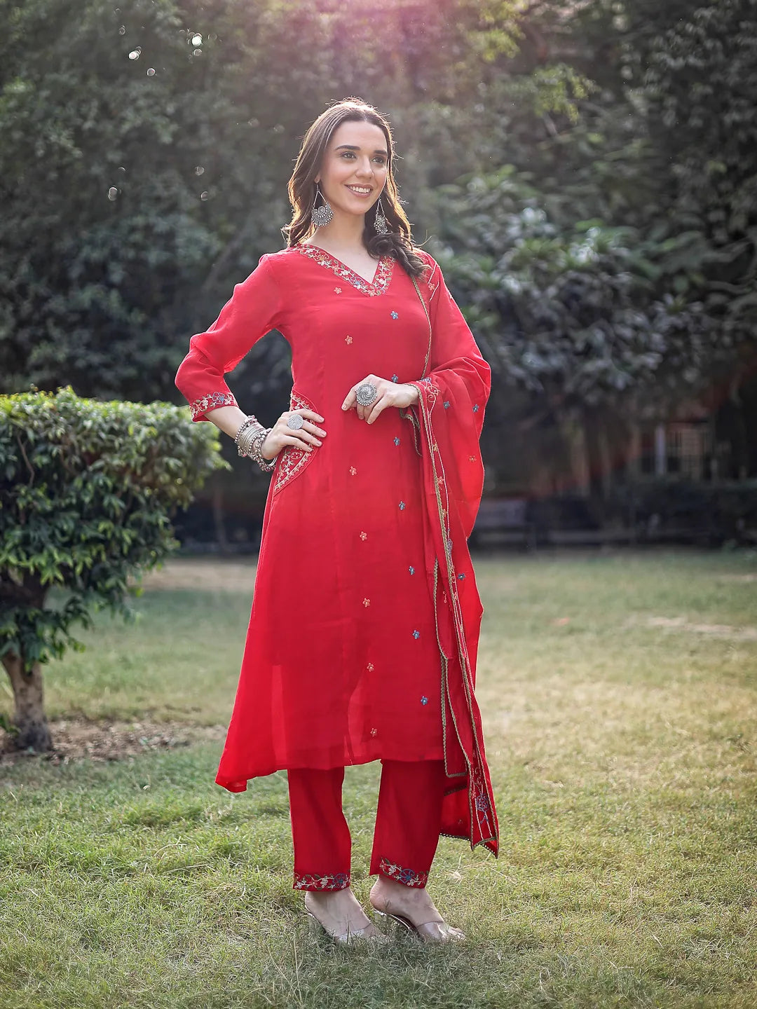 Red Resham Embroidery A-Line Chanderi Silk Kurta Trouser Dupatta Set