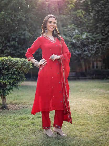 Red Resham Embroidery A-Line Chanderi Silk Kurta Trouser Dupatta Set