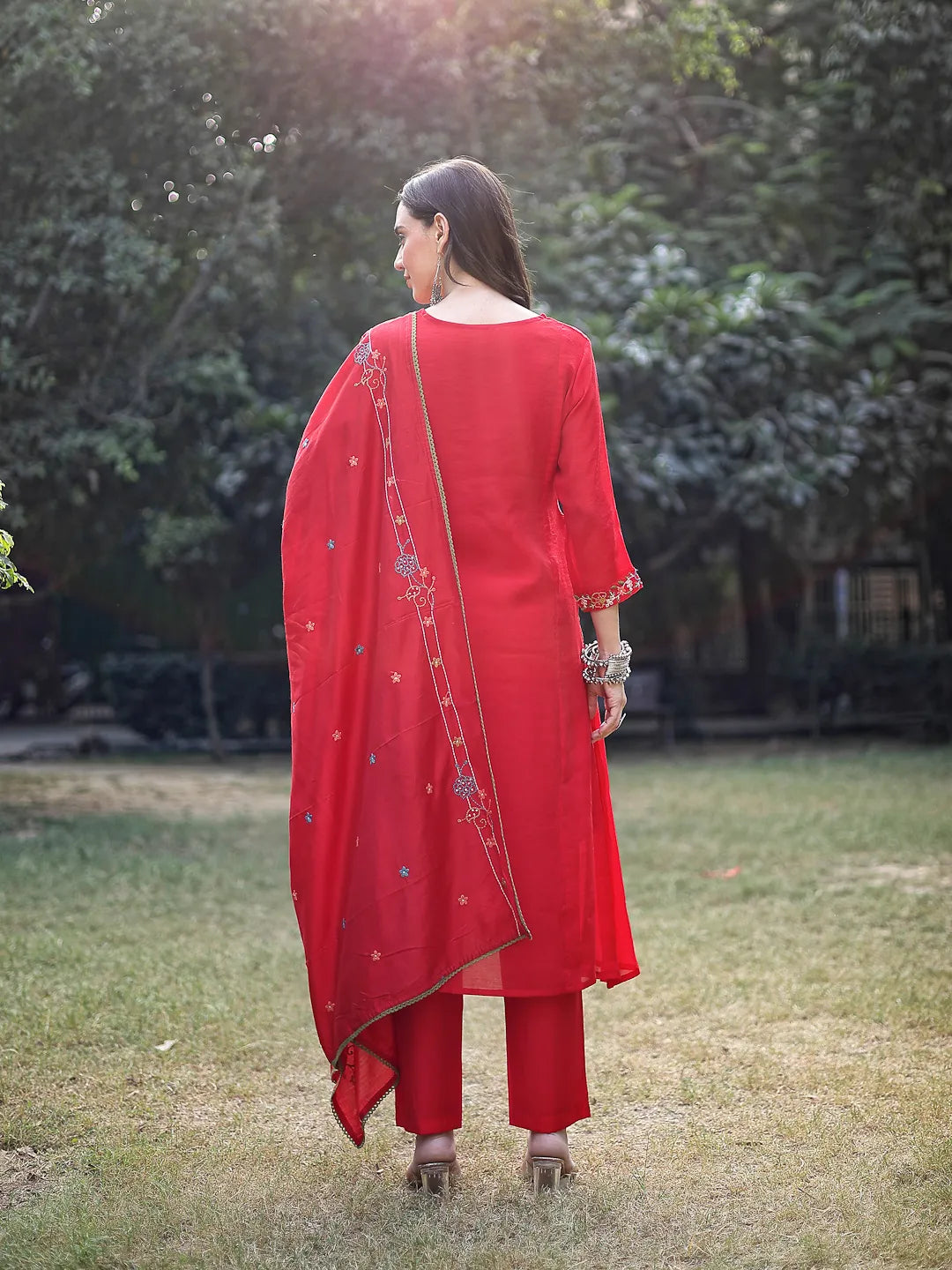 Red Resham Embroidery A-Line Chanderi Silk Kurta Trouser Dupatta Set