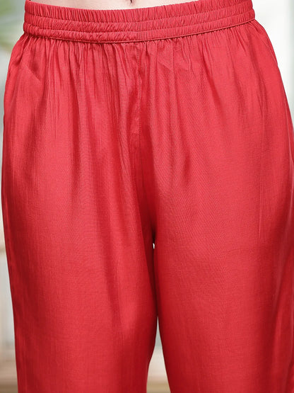 Red Resham Embroidery A-Line Chanderi Silk Kurta Trouser Dupatta Set