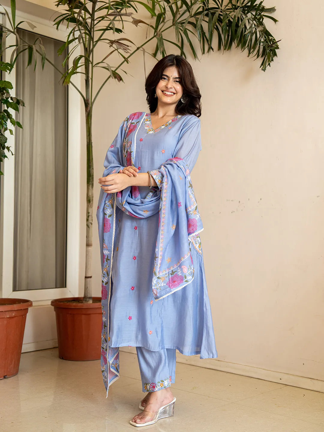 Sky Blue Resham Embroidery A-Line Chanderi Silk Kurta Trouser Dupatta Set