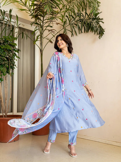 Sky Blue Resham Embroidery A-Line Chanderi Silk Kurta Trouser Dupatta Set