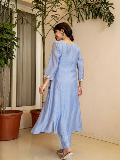 Sky Blue Resham Embroidery A-Line Chanderi Silk Kurta Trouser Dupatta Set