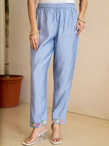 Sky Blue Resham Embroidery A-Line Chanderi Silk Kurta Trouser Dupatta Set