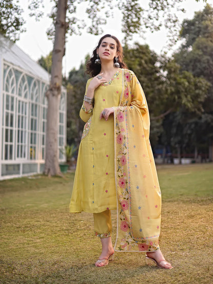 Yellow Resham Embroidery A-Line Chanderi Silk Kurta Trouser Dupatta Set