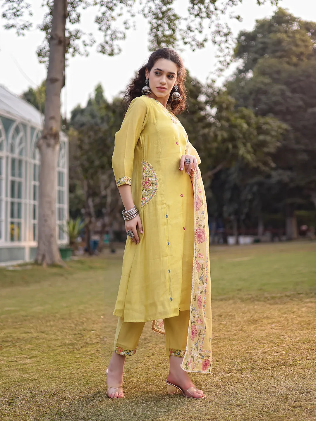 Yellow Resham Embroidery A-Line Chanderi Silk Kurta Trouser Dupatta Set