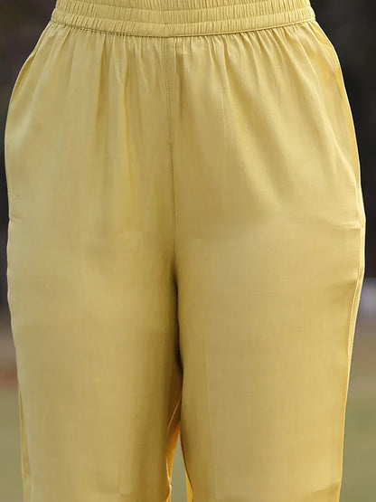 Yellow Resham Embroidery A-Line Chanderi Silk Kurta Trouser Dupatta Set