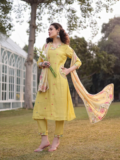 Yellow Resham Embroidery A-Line Chanderi Silk Kurta Trouser Dupatta Set