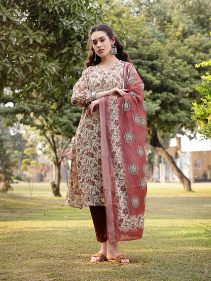 Beige Linen Floral Print Sequins-Work A-Line Show Button Kurta Trouser Dupatta Set