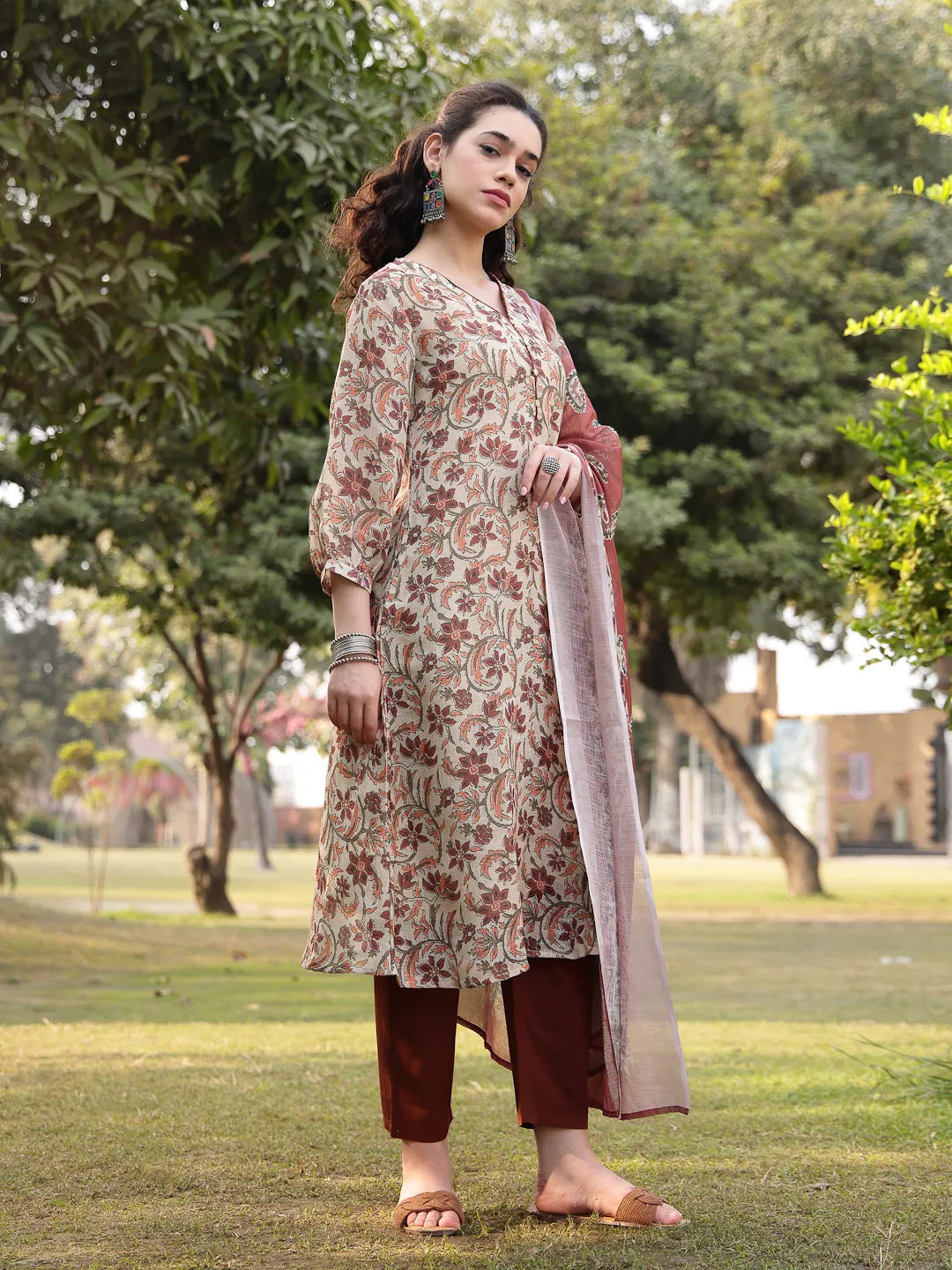 Beige Linen Floral Print Sequins-Work A-Line Show Button Kurta Trouser Dupatta Set