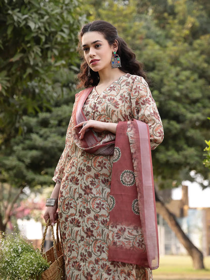 Beige Linen Floral Print Sequins-Work A-Line Show Button Kurta Trouser Dupatta Set