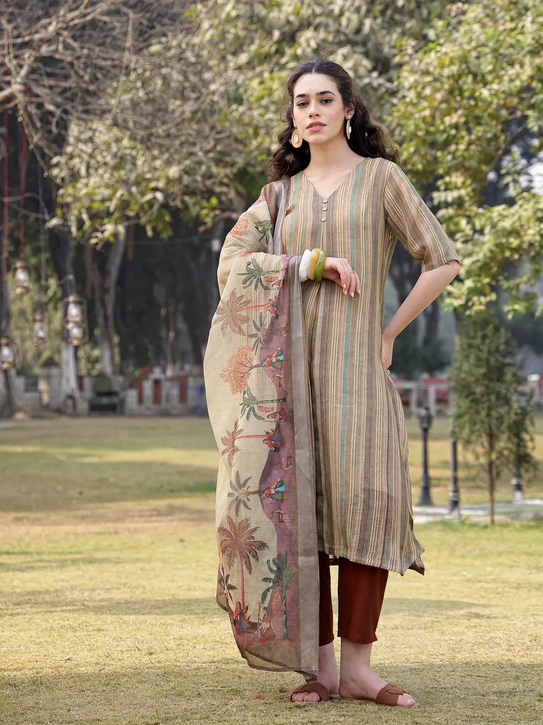 Beige Linen A Line Kurta Trouser Dupatta Set