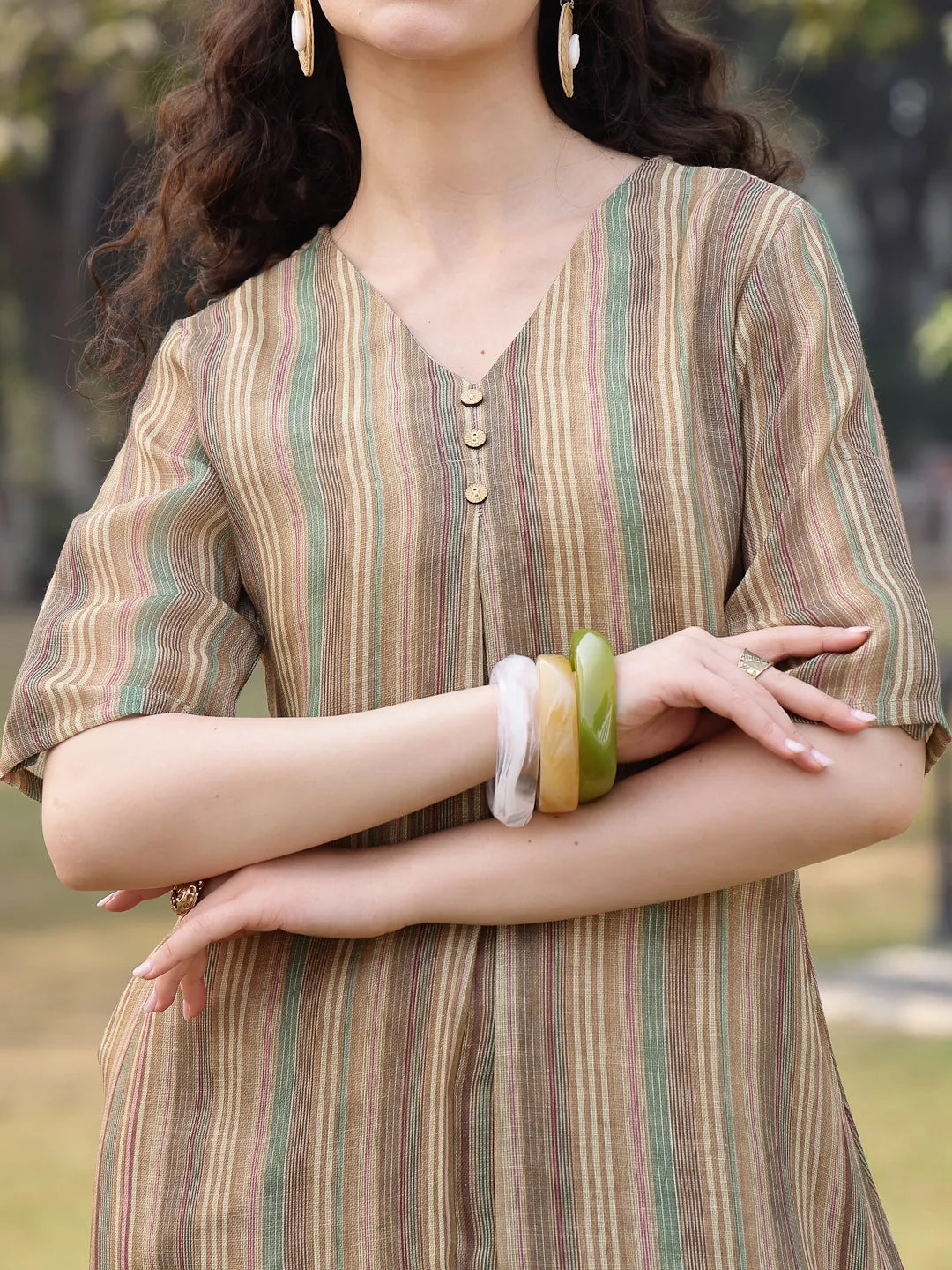 Beige Linen A Line Kurta Trouser Dupatta Set