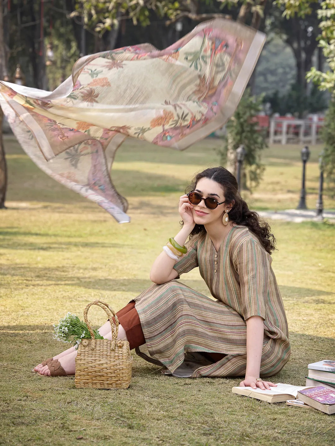 Beige Linen A Line Kurta Trouser Dupatta Set