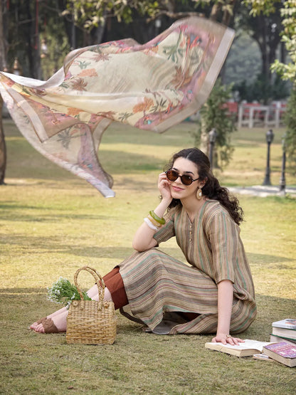 Beige Linen A Line Kurta Trouser Dupatta Set