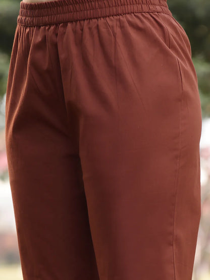 Beige Linen A Line Kurta Trouser Dupatta Set