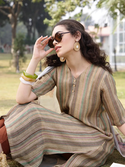 Beige Linen A Line Kurta Trouser Dupatta Set