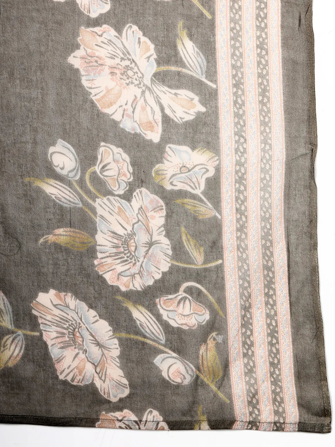 Olive Floral Print Anarkali Silk Blend Kalidaar Kurta Trouser Dupatta Set