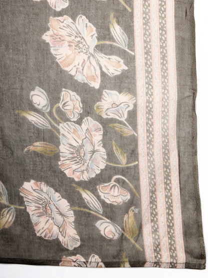 Olive Floral Print Anarkali Silk Blend Kalidaar Kurta Trouser Dupatta Set